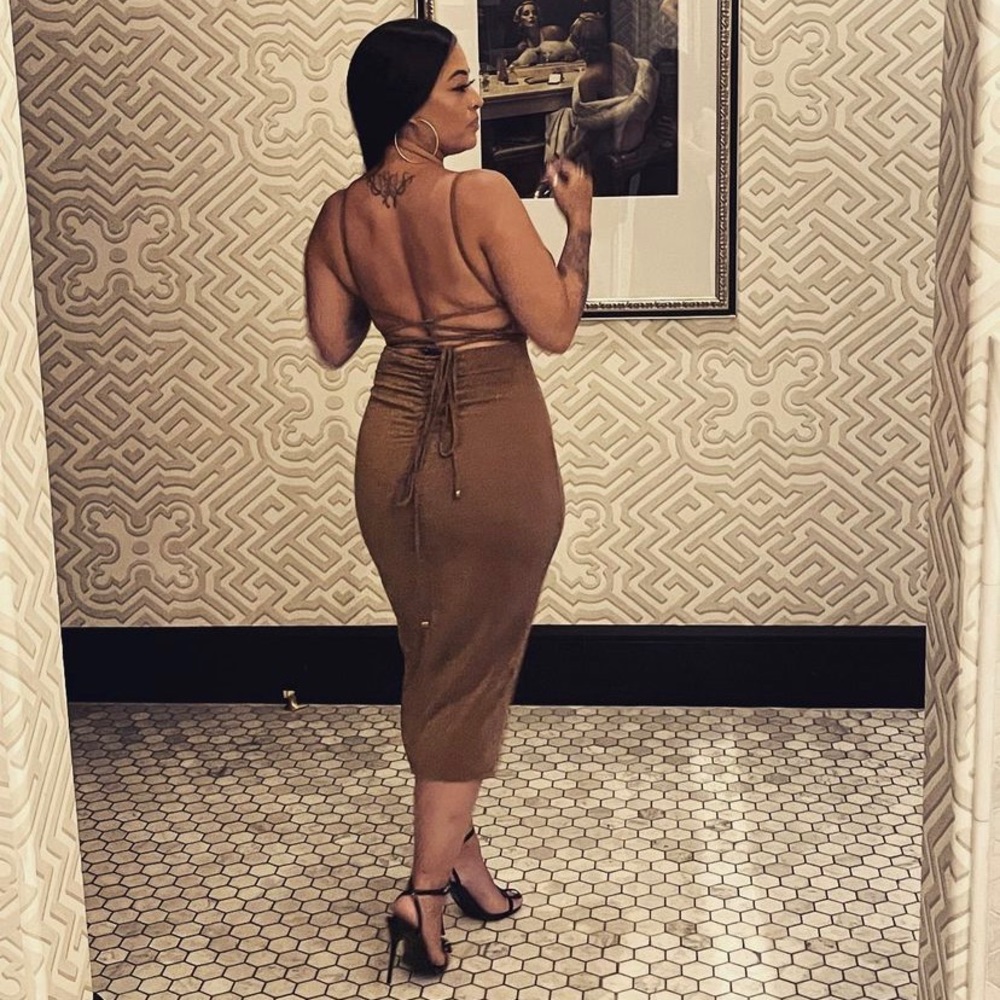 Shimmer Lace-up Halter Midi Dress - Mocha